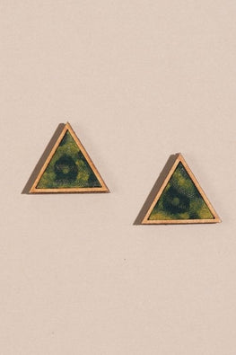 Whe Green Batik Triangular Studs Made Of Repurposed Fabric And Wood