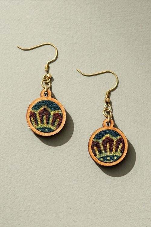 Whe Sun Green Ajrakh Fabric And Repurposed Wood Earrings