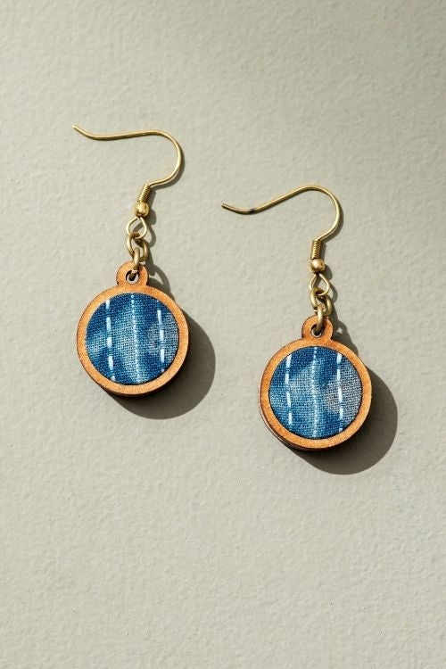 Whe Blue Kantha Batik Fabric And Repurposed Wood Earrings