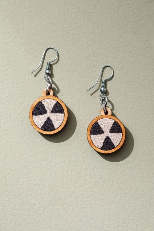Whe Black And Beige Fabric And Repurposed Wood Earrings