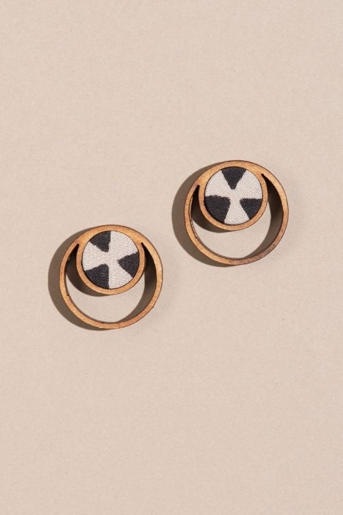 Whe Black And Beige Batik Fabric And Repurposed Wood Stud Earrings