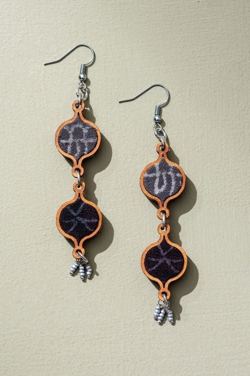 Whe Grey Tribal Motives Repurposed Fabric And Wood Earrings