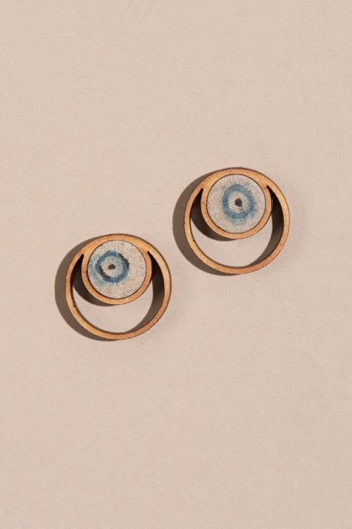 Whe Blue Beige Ajrakh Fabric And Repurposed Wood Stud Earrings