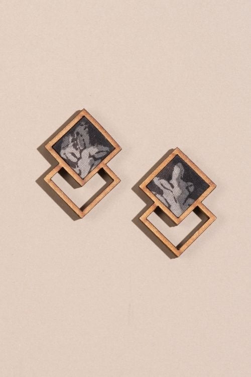 Whe Black And Beige Kalamkari Repurposed Fabric And Wood Square Stud Earrings