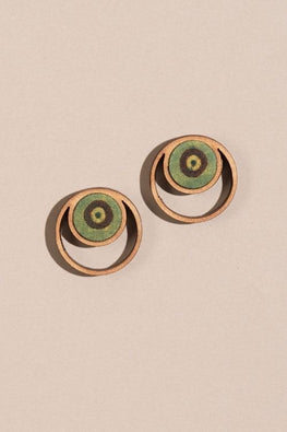 Whe Green Ajrakh Fabric And Repurposed Wood Stud Earrings