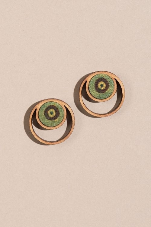 Whe Green Ajrakh Fabric And Repurposed Wood Stud Earrings