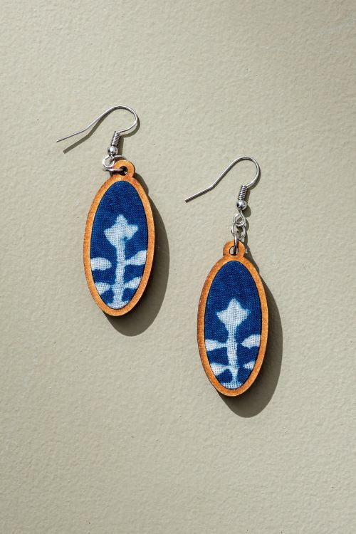 Whe Indigo Upcycled Fabric And Repurposed Wood Oval Earrings