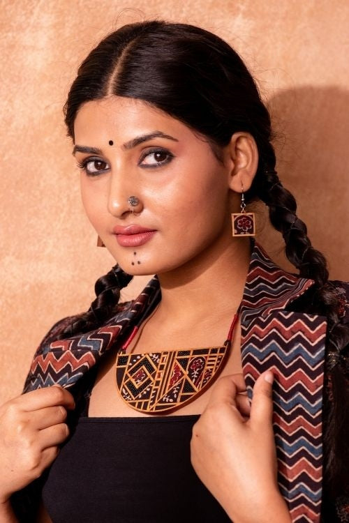 Whe Black Upcycled Ajrakh Fabric And Repurposed Wood Earrings