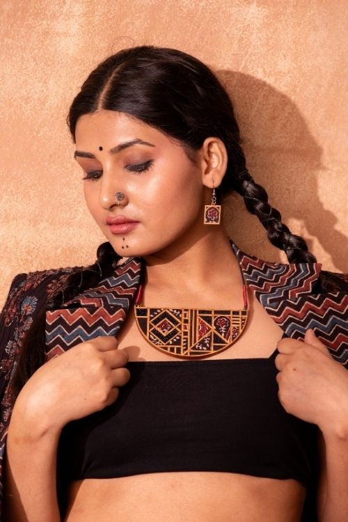 Whe Black Upcycled Ajrakh Fabric And Repurposed Wood Earrings