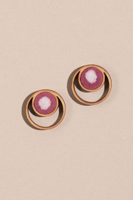 Whe Pink Batik Fabric And Repurposed Wood Stud Earrings