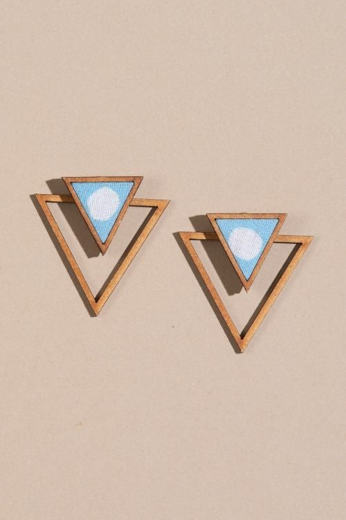 Whe Blue Two Look In One Upcycled Fabric And Repurposed Wood Triangle Earring