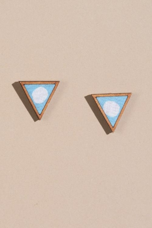 Whe Blue Two Look In One Upcycled Fabric And Repurposed Wood Triangle Earring