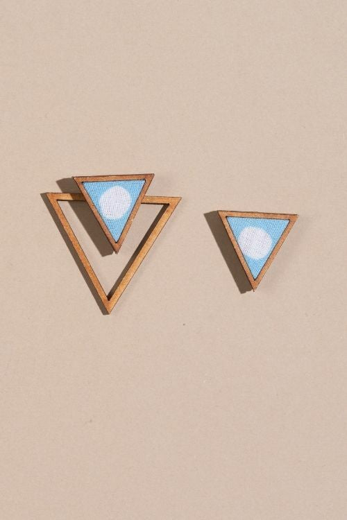 Whe Blue Two Look In One Upcycled Fabric And Repurposed Wood Triangle Earring