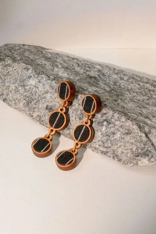 WHE Black Repurposed Fabric And Wood Connecting Round Earrings