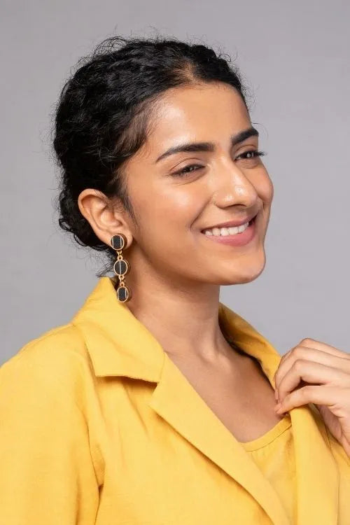 WHE Black Repurposed Fabric And Wood Connecting Round Earrings