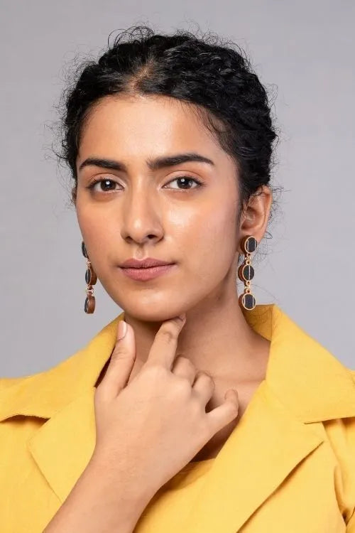 WHE Black Repurposed Fabric And Wood Connecting Round Earrings