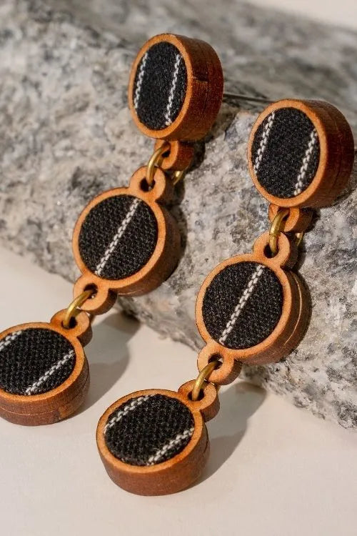WHE Black Repurposed Fabric And Wood Connecting Round Earrings