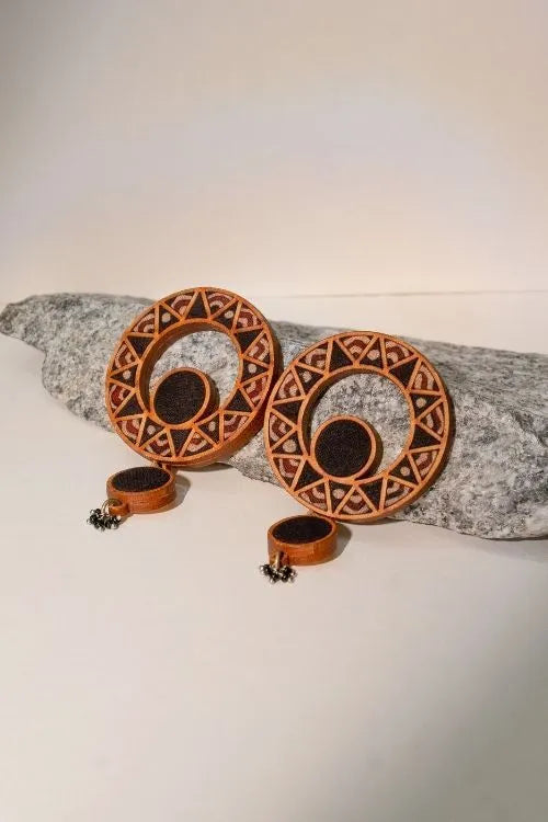 WHE Black WHEel Repurposed Ajrakh Fabric And Wood Earrings