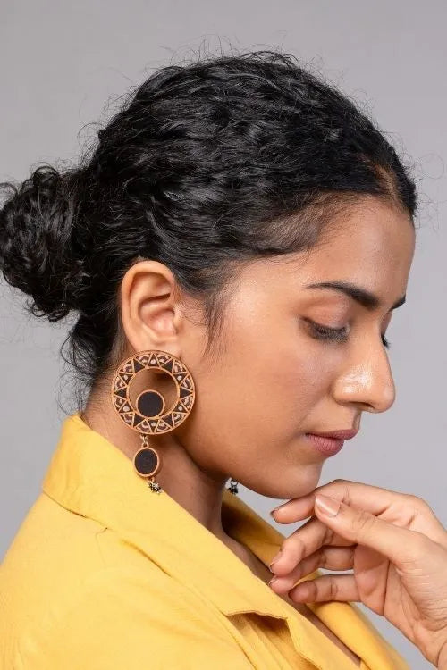 WHE Black WHEel Repurposed Ajrakh Fabric And Wood Earrings