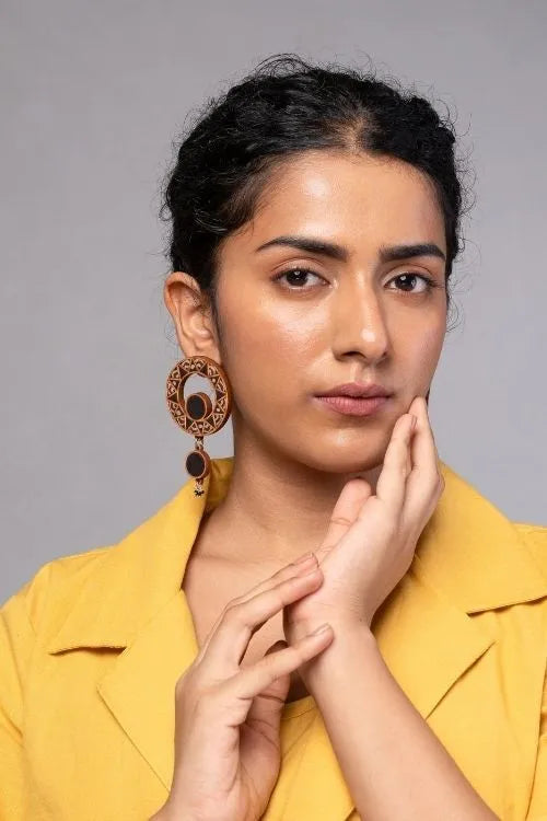 WHE Black WHEel Repurposed Ajrakh Fabric And Wood Earrings