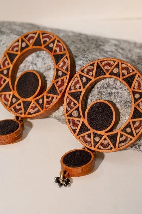 WHE Black WHEel Repurposed Ajrakh Fabric And Wood Earrings