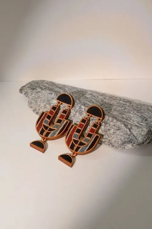 WHE Black Stripe Ajrakh Repurposed Fabric And Wood Earrings