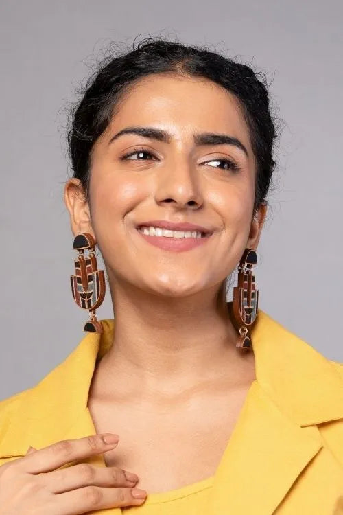 WHE Black Stripe Ajrakh Repurposed Fabric And Wood Earrings