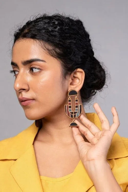 WHE Black Stripe Ajrakh Repurposed Fabric And Wood Earrings