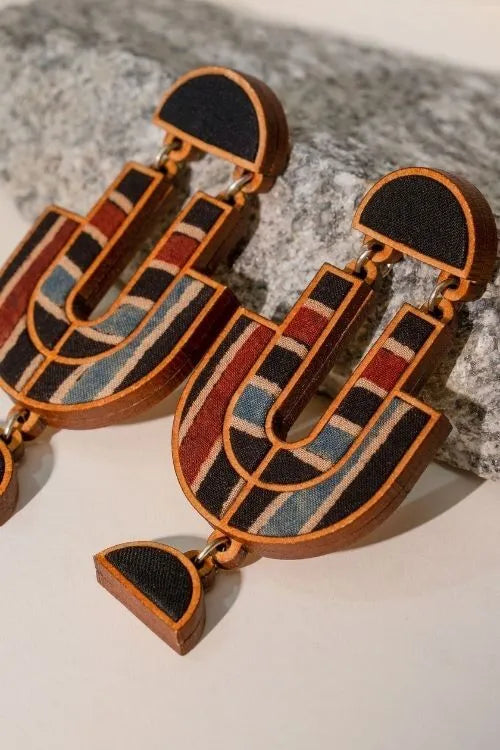WHE Black Stripe Ajrakh Repurposed Fabric And Wood Earrings