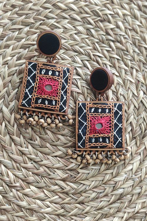 WHE Red Square Hand Embroidered Earrings