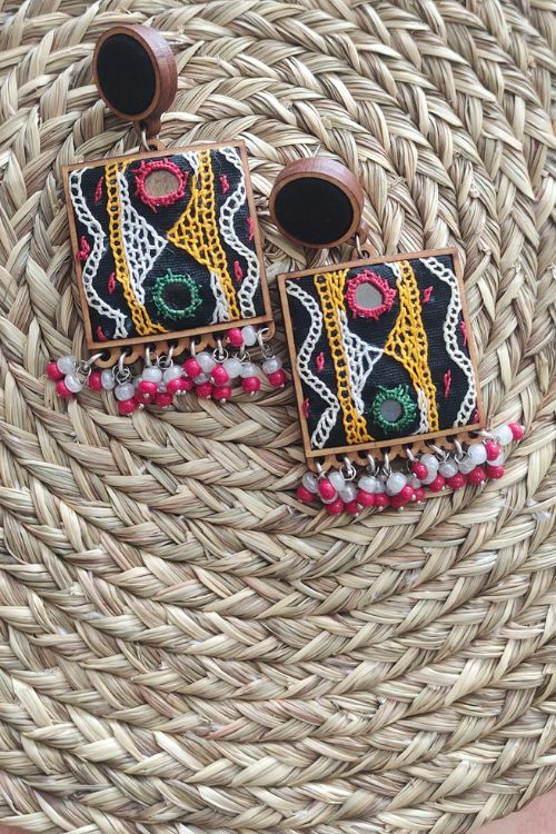 WHE Multicolor Square Hand Embroidered Earrings