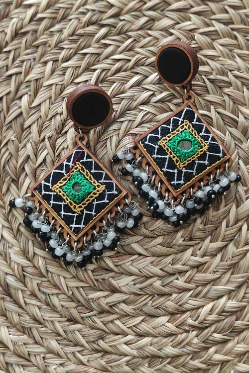 WHE Hand Embroidered Fluorescent Green  Diamond Stud Earrings