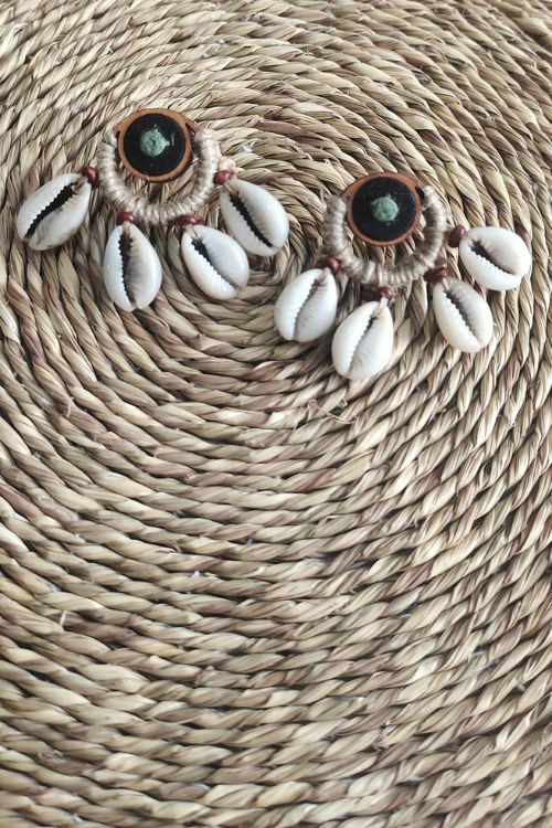 WHE Minimal Cowry Jute Earring With Green Hand Embroidery