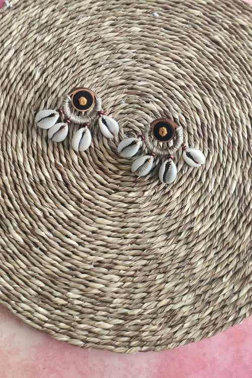 WHE Minimal Cowry Jute Earring With Mustard Hand Embroidery