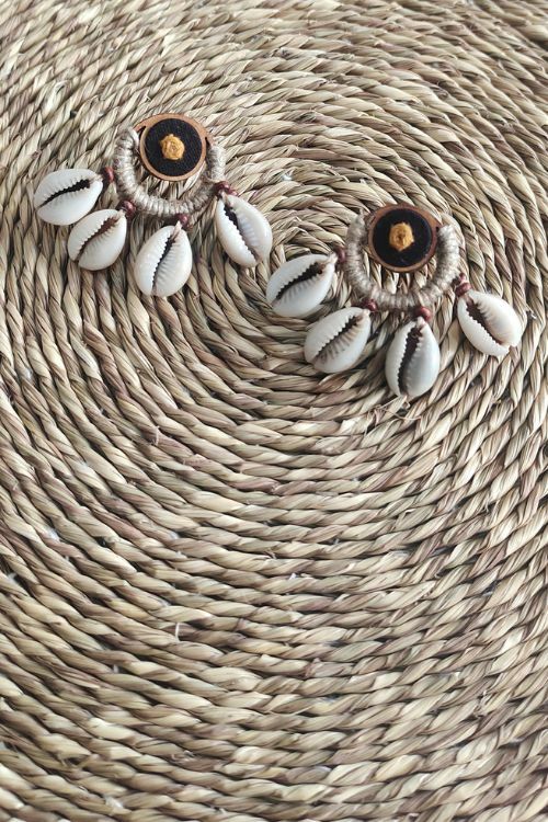 WHE Minimal Cowry Jute Earring With Mustard Hand Embroidery