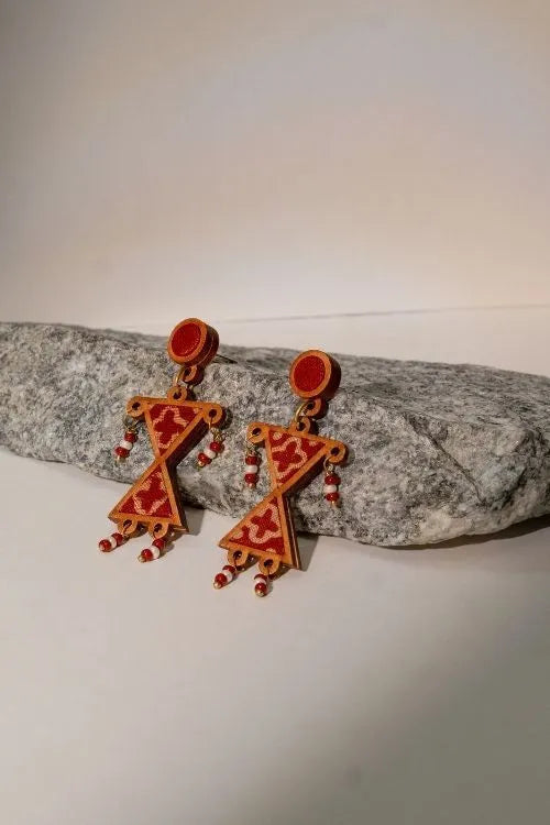 WHE Worli Inspired Maroon Repurposed Fabric And Wood Earrings