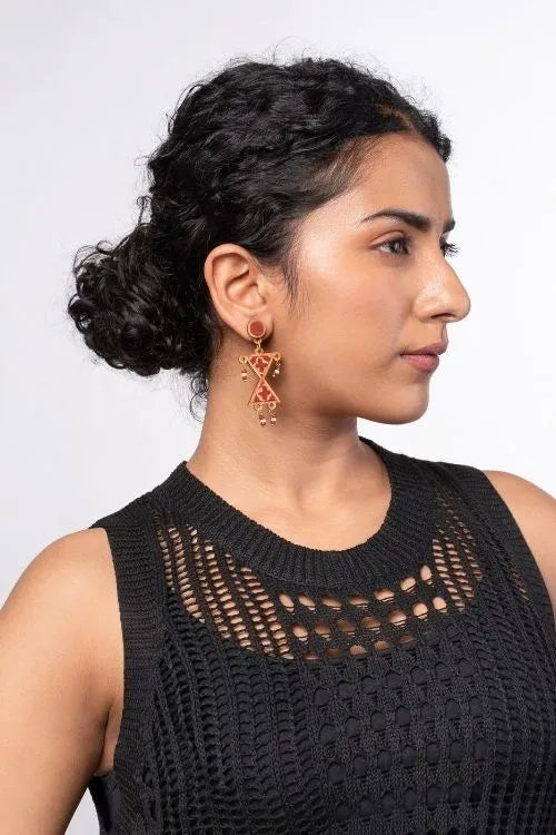 WHE Worli Inspired Maroon Repurposed Fabric And Wood Earrings
