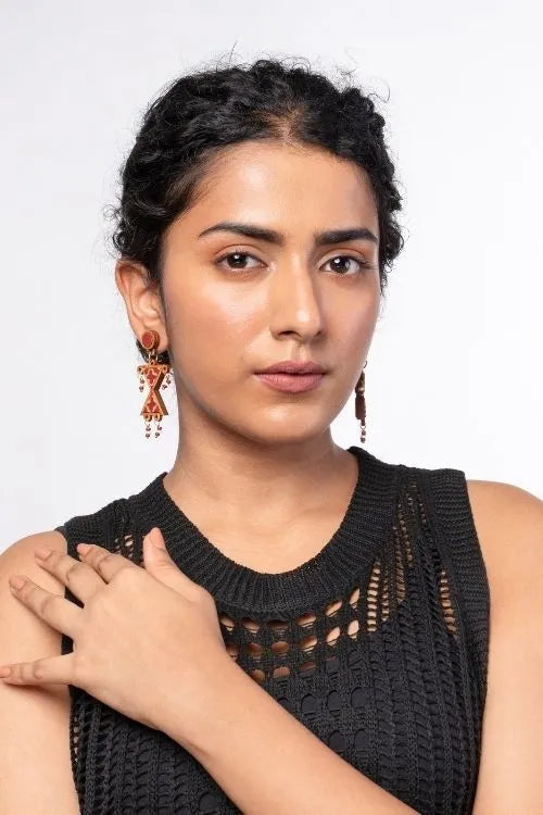 WHE Worli Inspired Maroon Repurposed Fabric And Wood Earrings