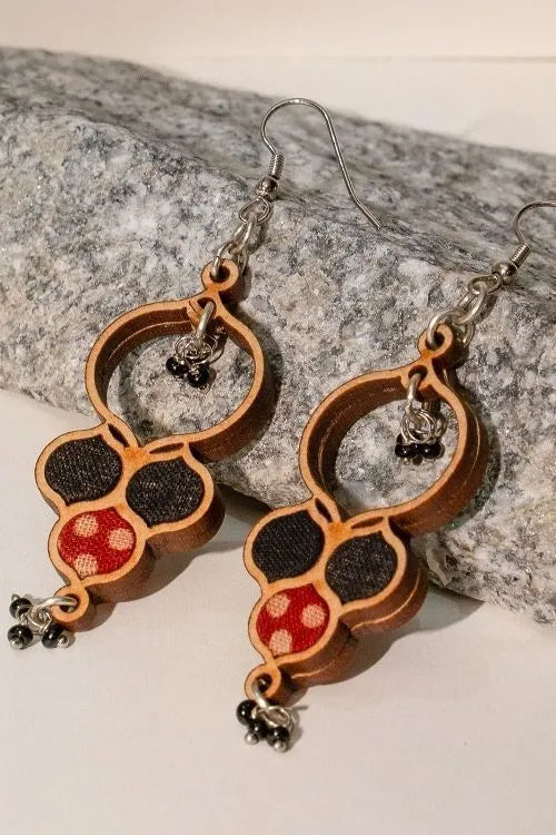 WHE Ajrakh Black Repurposed Fabric And Wood Round Danglers