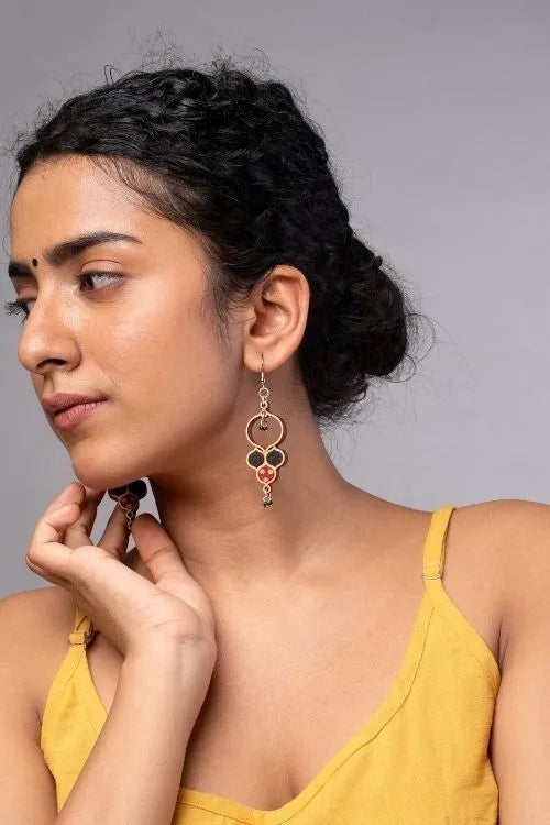 WHE Ajrakh Black Repurposed Fabric And Wood Round Danglers