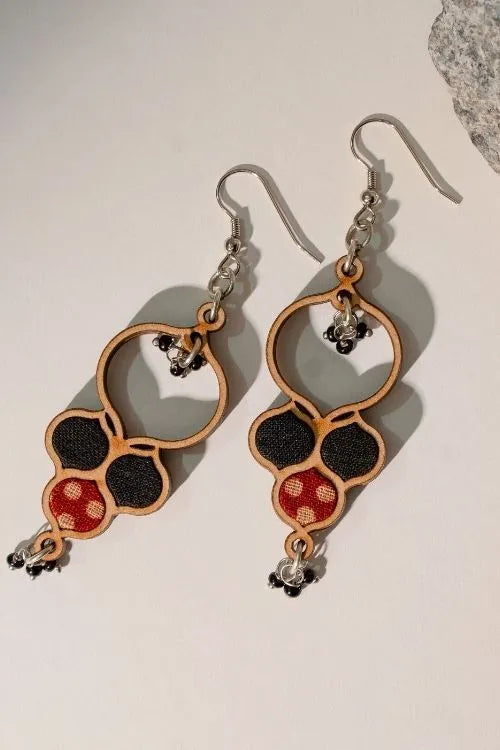 WHE Ajrakh Black Repurposed Fabric And Wood Round Danglers