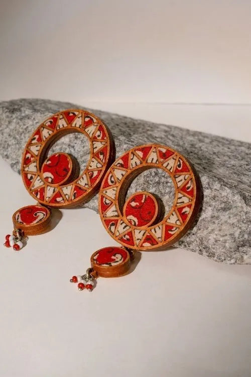 WHE Red WHEel Repurposed Fabric And Wood Earrings