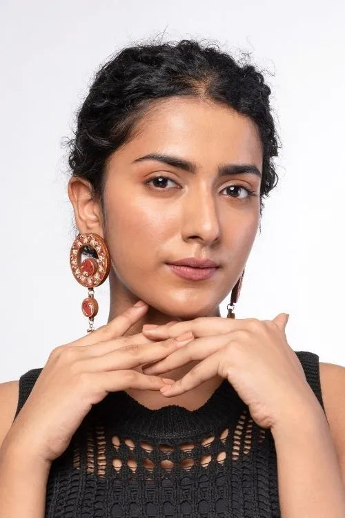 WHE Red WHEel Repurposed Fabric And Wood Earrings