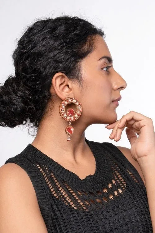 WHE Red WHEel Repurposed Fabric And Wood Earrings
