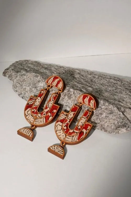 WHE Red Hand-Block Printed Repurposed Kalamkari Fabric And Wood Earrings