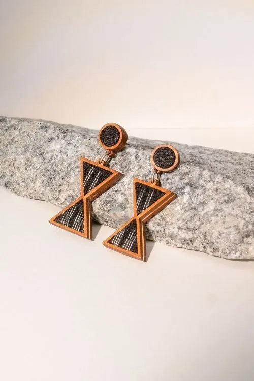 WHE Worli Inspired Black Repurposed Fabric And Wood Earrings