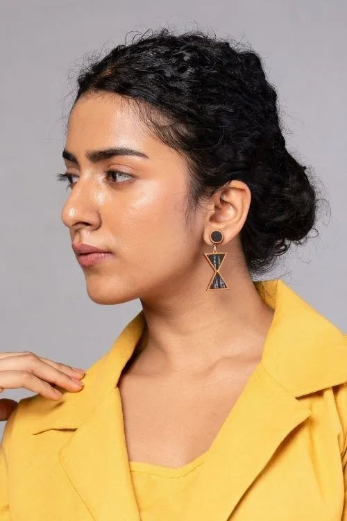 WHE Worli Inspired Black Repurposed Fabric And Wood Earrings