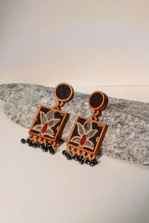 WHE Black Ajrakh Hand Block Printed Repurposed Fabric And Wood Earrings
