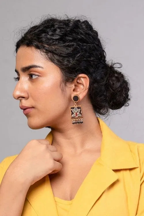 WHE Black Ajrakh Hand Block Printed Repurposed Fabric And Wood Earrings