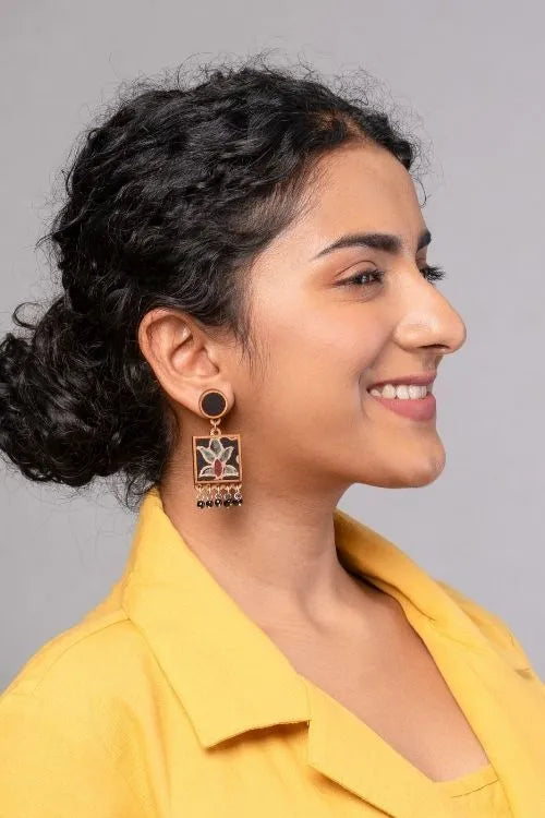 WHE Black Ajrakh Hand Block Printed Repurposed Fabric And Wood Earrings